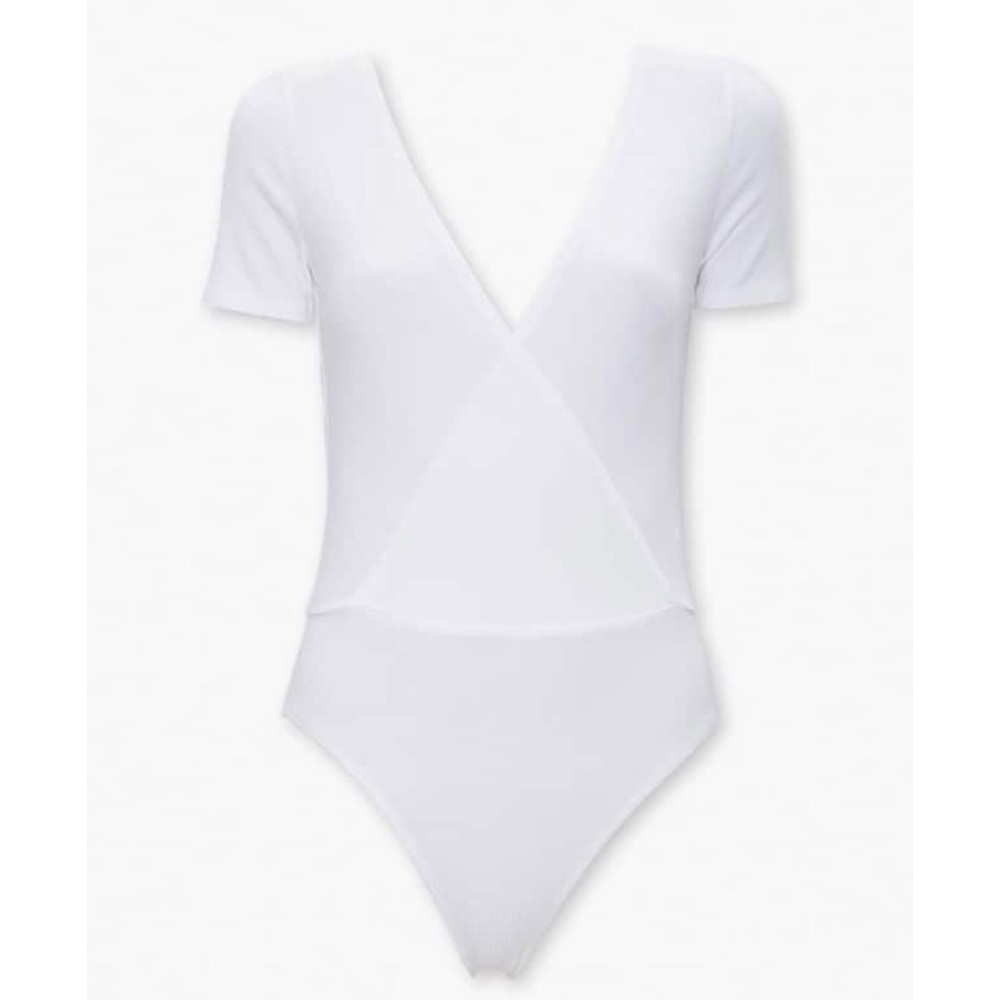 White Ribbed Surplice Bodysuit